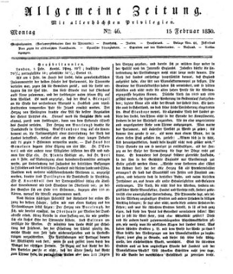 Allgemeine Zeitung Montag 15. Februar 1830