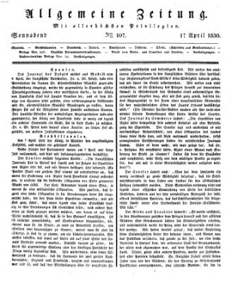 Allgemeine Zeitung Samstag 17. April 1830