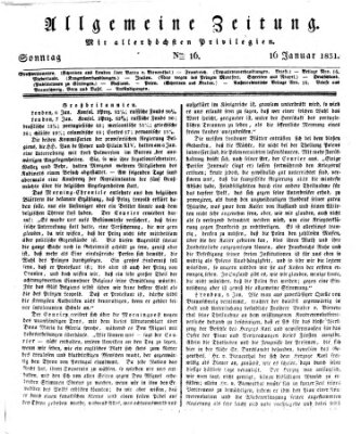 Allgemeine Zeitung Sonntag 16. Januar 1831