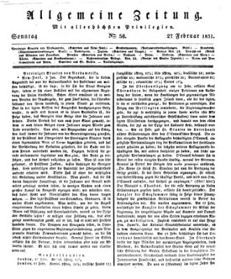 Allgemeine Zeitung Sonntag 27. Februar 1831