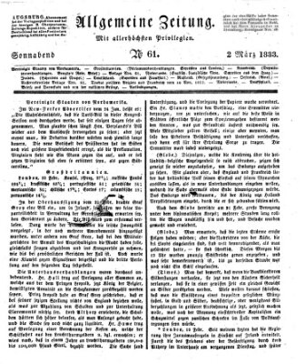 Allgemeine Zeitung Samstag 2. März 1833