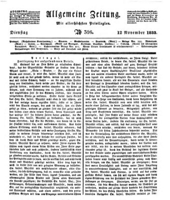 Allgemeine Zeitung Dienstag 12. November 1833