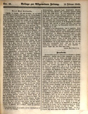 Allgemeine Zeitung. Beilage zur Allgemeinen Zeitung (Allgemeine Zeitung) Freitag 18. Februar 1842