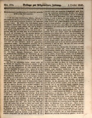 Allgemeine Zeitung. Beilage zur Allgemeinen Zeitung (Allgemeine Zeitung) Samstag 1. Oktober 1842