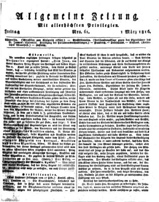 Allgemeine Zeitung Freitag 1. März 1816