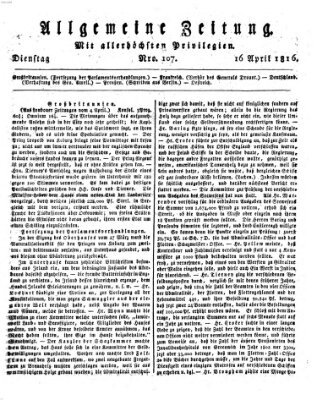 Allgemeine Zeitung Dienstag 16. April 1816