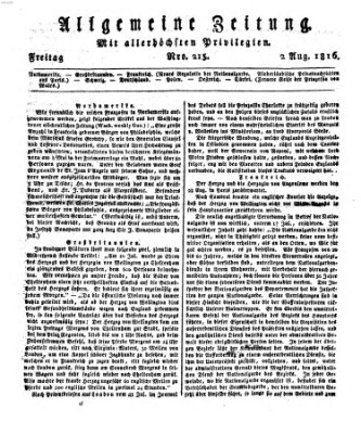 Allgemeine Zeitung Freitag 2. August 1816