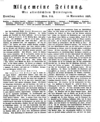 Allgemeine Zeitung Dienstag 14. November 1826