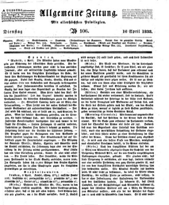 Allgemeine Zeitung Dienstag 16. April 1833