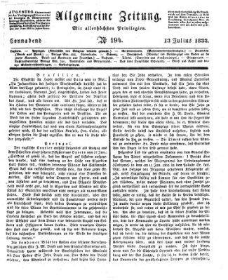 Allgemeine Zeitung Samstag 13. Juli 1833