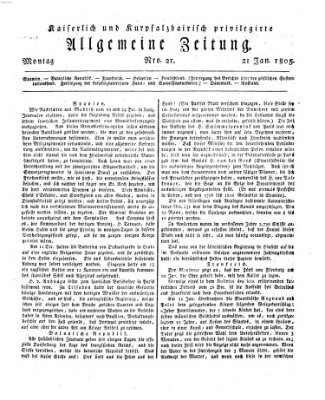 Kaiserlich- und Kurpfalzbairisch privilegirte allgemeine Zeitung (Allgemeine Zeitung) Montag 21. Januar 1805