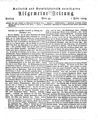 Kaiserlich- und Kurpfalzbairisch privilegirte allgemeine Zeitung (Allgemeine Zeitung) Freitag 1. Februar 1805