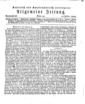 Kaiserlich- und Kurpfalzbairisch privilegirte allgemeine Zeitung (Allgemeine Zeitung) Samstag 16. Februar 1805