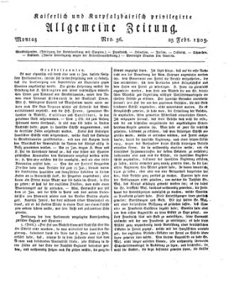 Kaiserlich- und Kurpfalzbairisch privilegirte allgemeine Zeitung (Allgemeine Zeitung) Montag 25. Februar 1805