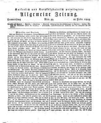 Kaiserlich- und Kurpfalzbairisch privilegirte allgemeine Zeitung (Allgemeine Zeitung) Donnerstag 28. Februar 1805