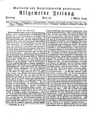 Kaiserlich- und Kurpfalzbairisch privilegirte allgemeine Zeitung (Allgemeine Zeitung) Freitag 1. März 1805