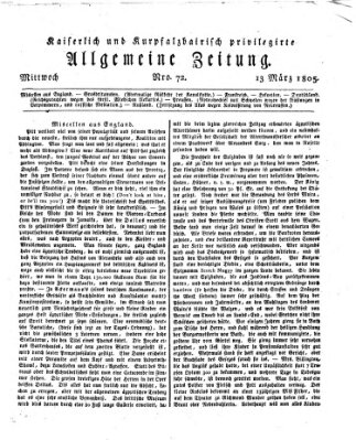 Kaiserlich- und Kurpfalzbairisch privilegirte allgemeine Zeitung (Allgemeine Zeitung) Mittwoch 13. März 1805