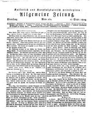 Kaiserlich- und Kurpfalzbairisch privilegirte allgemeine Zeitung (Allgemeine Zeitung) Dienstag 17. September 1805