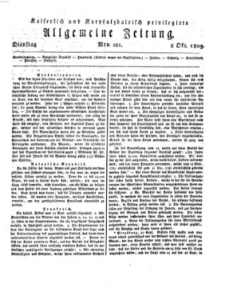 Kaiserlich- und Kurpfalzbairisch privilegirte allgemeine Zeitung (Allgemeine Zeitung) Dienstag 8. Oktober 1805