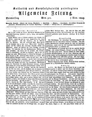 Kaiserlich- und Kurpfalzbairisch privilegirte allgemeine Zeitung (Allgemeine Zeitung) Donnerstag 7. November 1805