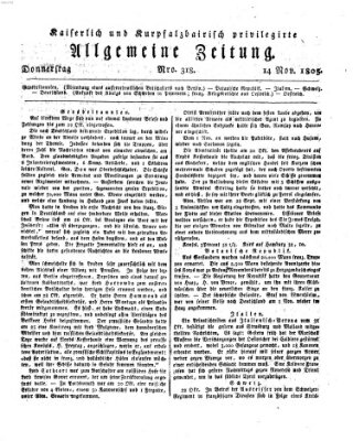 Kaiserlich- und Kurpfalzbairisch privilegirte allgemeine Zeitung (Allgemeine Zeitung) Donnerstag 14. November 1805