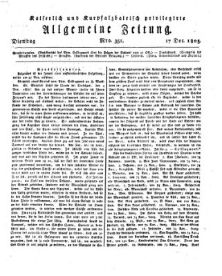 Kaiserlich- und Kurpfalzbairisch privilegirte allgemeine Zeitung (Allgemeine Zeitung) Dienstag 17. Dezember 1805