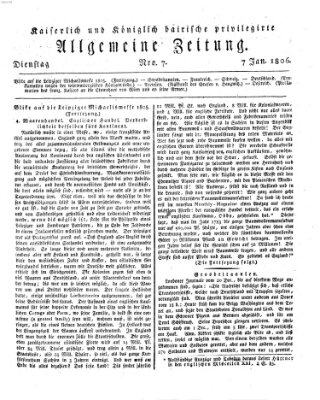 Kaiserlich- und Kurpfalzbairisch privilegirte allgemeine Zeitung (Allgemeine Zeitung) Dienstag 7. Januar 1806