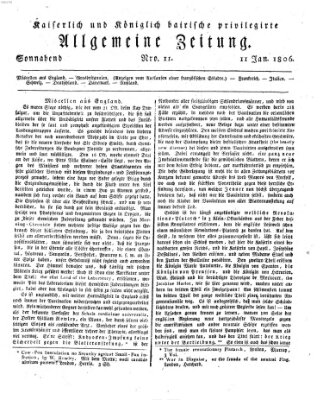 Kaiserlich- und Kurpfalzbairisch privilegirte allgemeine Zeitung (Allgemeine Zeitung) Samstag 11. Januar 1806