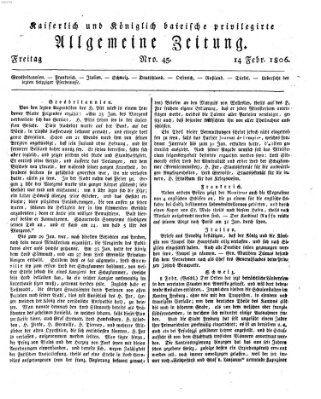 Kaiserlich- und Kurpfalzbairisch privilegirte allgemeine Zeitung (Allgemeine Zeitung) Freitag 14. Februar 1806