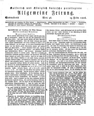 Kaiserlich- und Kurpfalzbairisch privilegirte allgemeine Zeitung (Allgemeine Zeitung) Samstag 15. Februar 1806