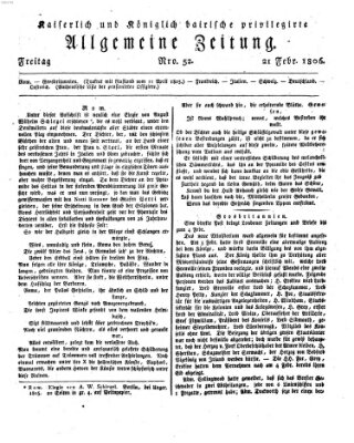 Kaiserlich- und Kurpfalzbairisch privilegirte allgemeine Zeitung (Allgemeine Zeitung) Freitag 21. Februar 1806