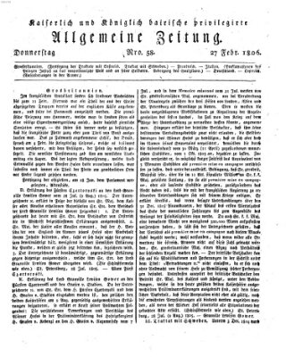 Kaiserlich- und Kurpfalzbairisch privilegirte allgemeine Zeitung (Allgemeine Zeitung) Donnerstag 27. Februar 1806