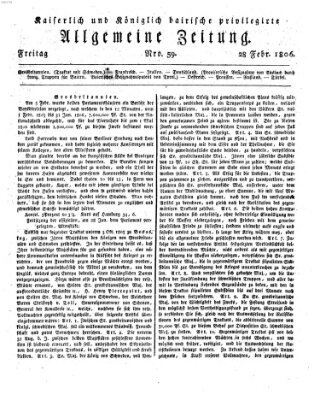 Kaiserlich- und Kurpfalzbairisch privilegirte allgemeine Zeitung (Allgemeine Zeitung) Freitag 28. Februar 1806