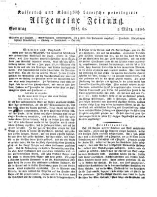 Kaiserlich- und Kurpfalzbairisch privilegirte allgemeine Zeitung (Allgemeine Zeitung) Sonntag 2. März 1806