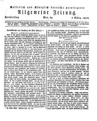 Kaiserlich- und Kurpfalzbairisch privilegirte allgemeine Zeitung (Allgemeine Zeitung) Donnerstag 6. März 1806