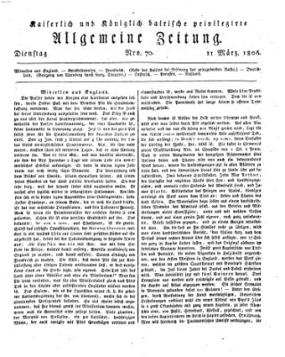 Kaiserlich- und Kurpfalzbairisch privilegirte allgemeine Zeitung (Allgemeine Zeitung) Dienstag 11. März 1806