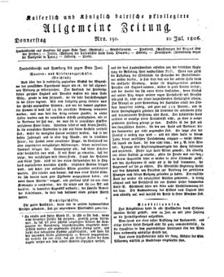 Kaiserlich- und Kurpfalzbairisch privilegirte allgemeine Zeitung (Allgemeine Zeitung) Donnerstag 10. Juli 1806