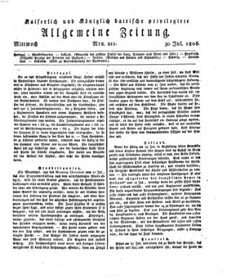 Kaiserlich- und Kurpfalzbairisch privilegirte allgemeine Zeitung (Allgemeine Zeitung) Mittwoch 30. Juli 1806