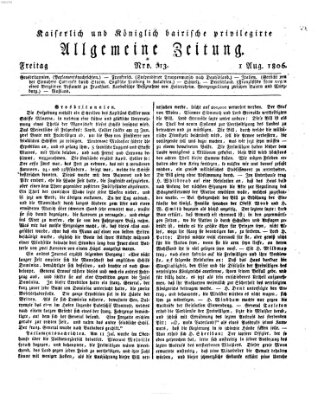 Kaiserlich- und Kurpfalzbairisch privilegirte allgemeine Zeitung (Allgemeine Zeitung) Freitag 1. August 1806