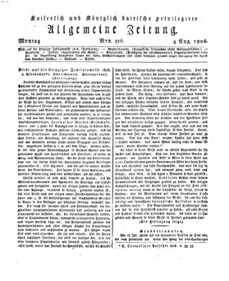 Kaiserlich- und Kurpfalzbairisch privilegirte allgemeine Zeitung (Allgemeine Zeitung) Montag 4. August 1806