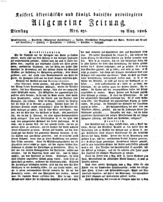 Kaiserlich- und Kurpfalzbairisch privilegirte allgemeine Zeitung (Allgemeine Zeitung) Dienstag 19. August 1806