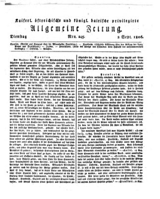 Kaiserlich- und Kurpfalzbairisch privilegirte allgemeine Zeitung (Allgemeine Zeitung) Dienstag 2. September 1806