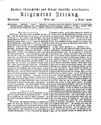 Kaiserlich- und Kurpfalzbairisch privilegirte allgemeine Zeitung (Allgemeine Zeitung) Mittwoch 3. September 1806