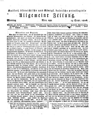 Kaiserlich- und Kurpfalzbairisch privilegirte allgemeine Zeitung (Allgemeine Zeitung) Montag 15. September 1806