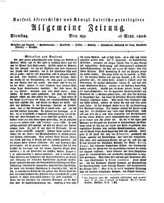 Kaiserlich- und Kurpfalzbairisch privilegirte allgemeine Zeitung (Allgemeine Zeitung) Dienstag 16. September 1806