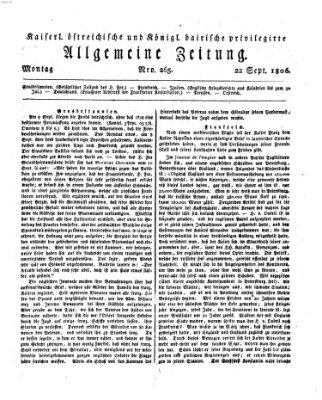 Kaiserlich- und Kurpfalzbairisch privilegirte allgemeine Zeitung (Allgemeine Zeitung) Montag 22. September 1806