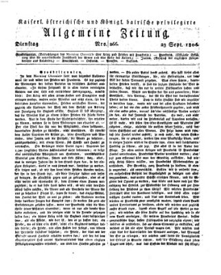 Kaiserlich- und Kurpfalzbairisch privilegirte allgemeine Zeitung (Allgemeine Zeitung) Dienstag 23. September 1806