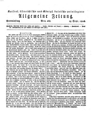 Kaiserlich- und Kurpfalzbairisch privilegirte allgemeine Zeitung (Allgemeine Zeitung) Donnerstag 25. September 1806