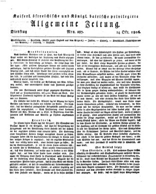 Kaiserlich- und Kurpfalzbairisch privilegirte allgemeine Zeitung (Allgemeine Zeitung) Dienstag 14. Oktober 1806