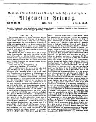 Kaiserlich- und Kurpfalzbairisch privilegirte allgemeine Zeitung (Allgemeine Zeitung) Samstag 1. November 1806